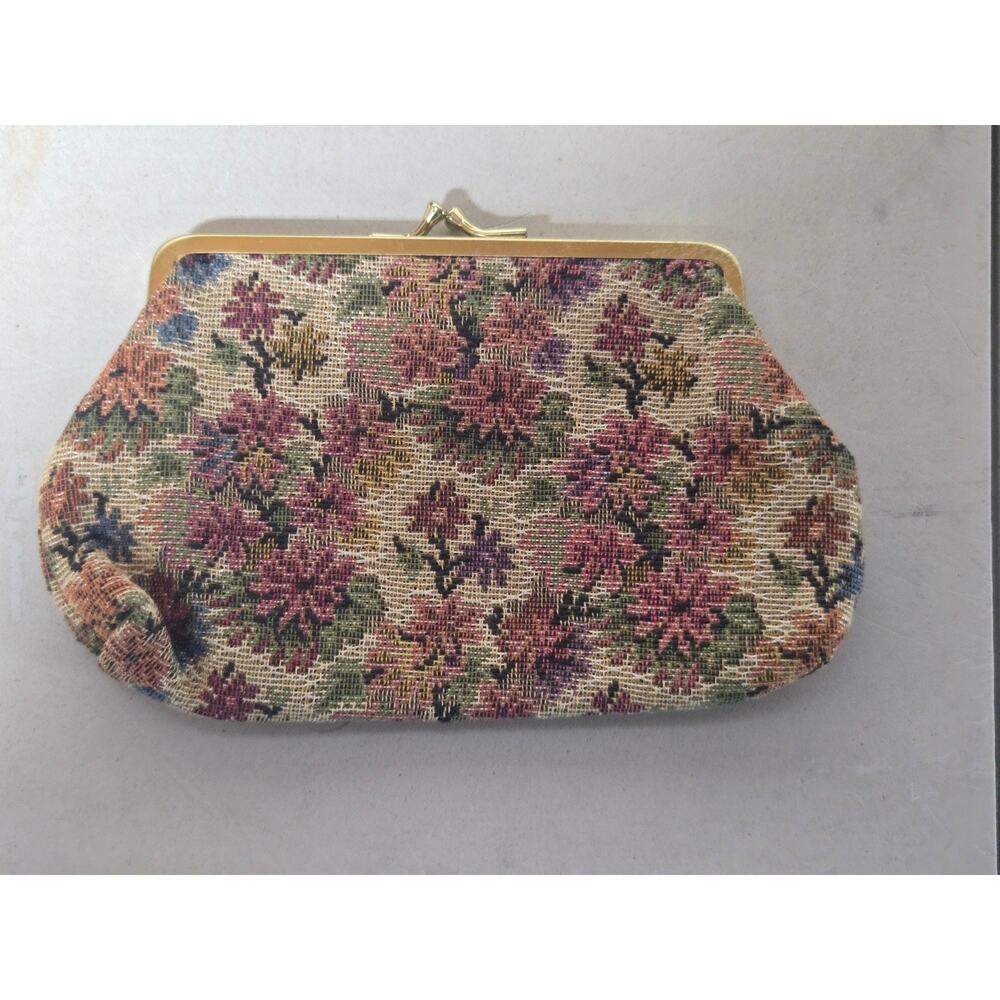 Floral Tapestry Coin Purse Gold Frame Vintage